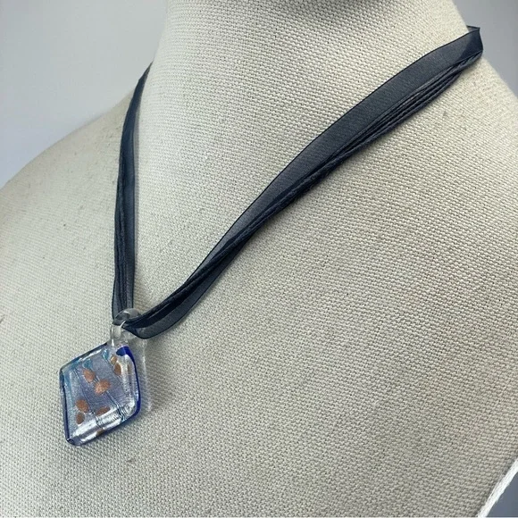 Unsigned Dichroic Glass Blue Silver Square Pendant Corded Black Ribbon Necklace